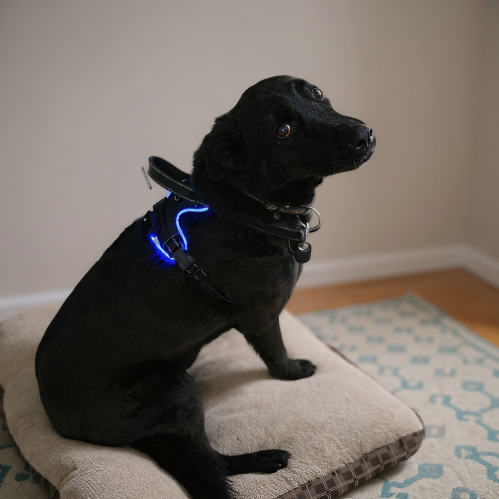 Arnés LED Ergonómico para perros — foto real, luz azul encendida, uso nocturno