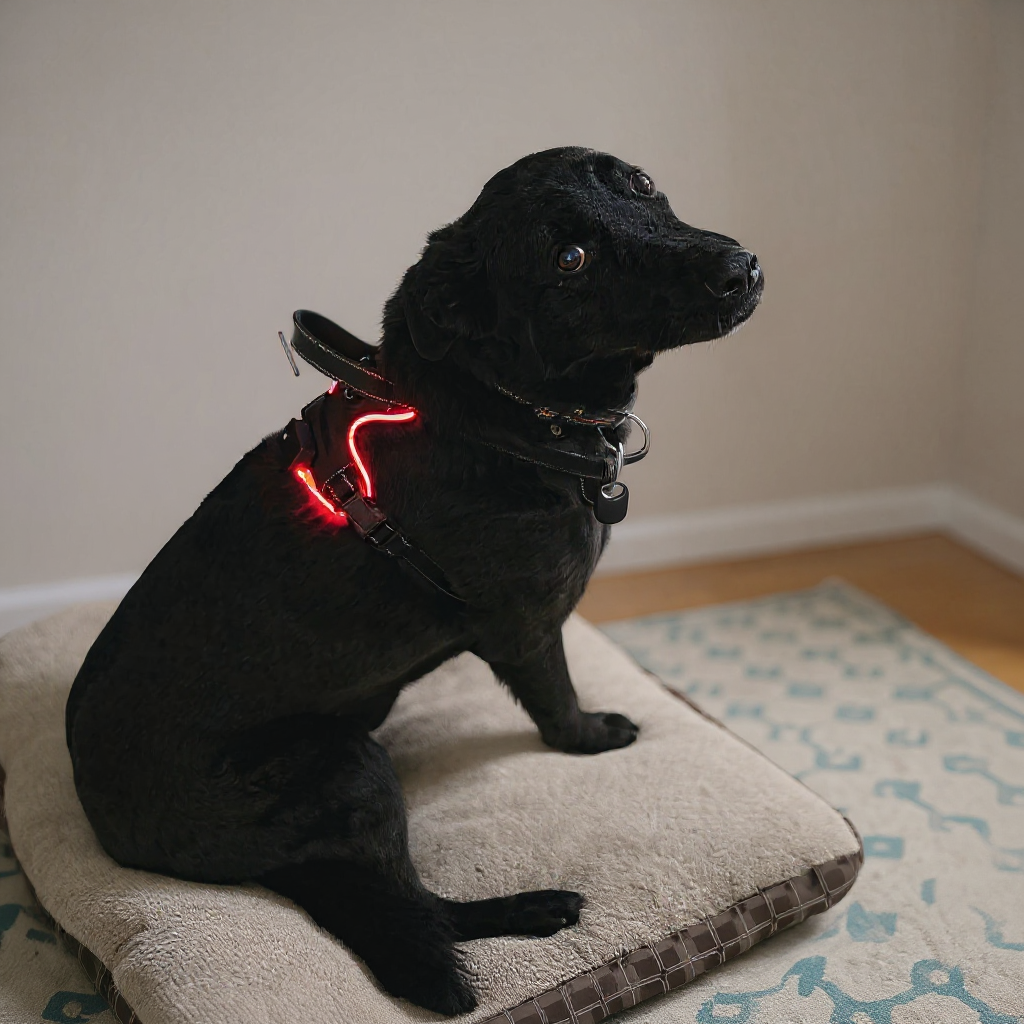 Arnés LED Ergonómico para perros — foto real, luz roja encendida, uso nocturno