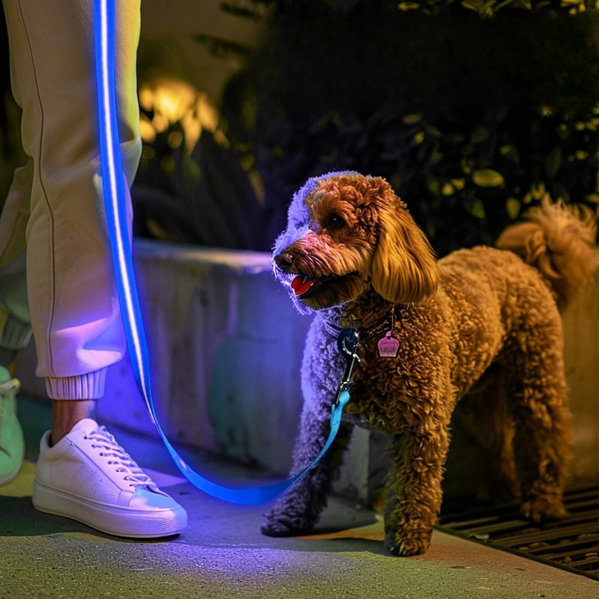 Correa LED luminosa para perros — tira LED encendida en color rojo